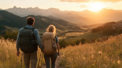 Obraz premium A romantic image of a couple hiking hand in hand towards a breathtaking sunset, surrounded by nature's beauty, symbolizing adventure, togetherness, and exploration.