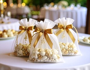 Petits sachets en tulle joliment décorés avec rubans et perles, contenant des dragées dans une ambiance festive. . Generated image