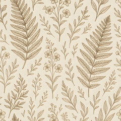Seamless pattern of hand-drawn fern leaves, small flowers, and twigs in a vintage style on a beige background.