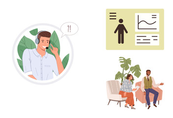 Man with headset assisting customer, infographic with data, couple discussing with therapist or counselor. Ideal for communication, teamwork, guidance, analysis, customer service, problem-solving