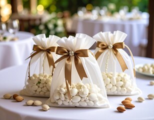 Petits sachets en tulle joliment décorés avec rubans et perles, contenant des dragées dans une ambiance festive. . Generated image