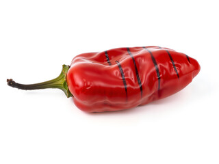 Grilled red chili pepper with burn marks isolated on white background, perfect for culinary, spicy food, or BBQ themes. Generative AI
