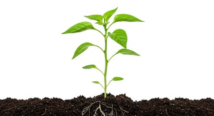 Young green plant with visible roots growing in dark soil on white background