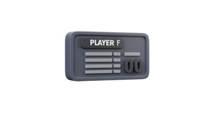 3D Render of Gray Digital Scoreboard with Player F on Transparent Background