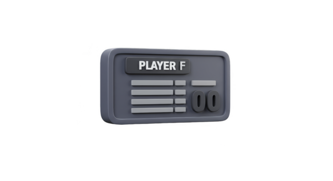 3D Render of Gray Digital Scoreboard with Player F on Transparent Background