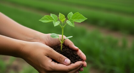 Hands gently holding a young green plant seedling with soil in a field
