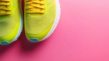 An eye-catching pair of bright yellow sneakers lies against a vibrant pink background, highlighting contemporary fashion trends and playful aesthetics.