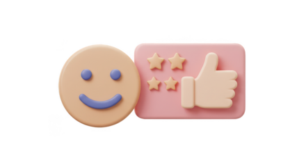 3D Render of Smiling Emoji with Thumbs Up and Star Ratings Isolated