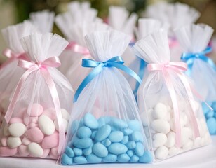 Petits sachets en tulle joliment décorés contenant des dragées blanches, roses et bleues. Generated image