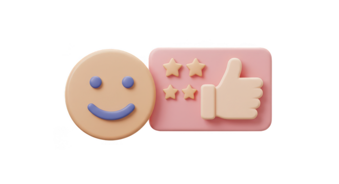 3D Render of Smiling Emoji with Thumbs Up and Star Ratings Isolated