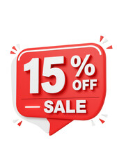 3d Rendered Fifteen Percent Off Sale Label on Transparent Background