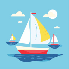 flat naive illustration of simple toy sailboats on blue water, ideal for children’s prints, summer decor and packaging