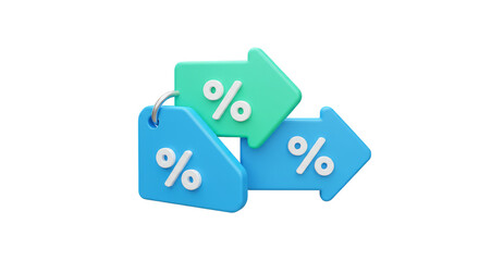3D Render Percentage Discount with Blue and Green Tags Arrows