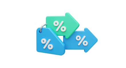 3D Render Percentage Discount with Blue and Green Tags Arrows