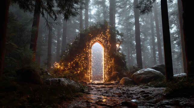 Fiery forest landscape with a natural stream cascading over moss-covered rocks - Powered by Adobe
