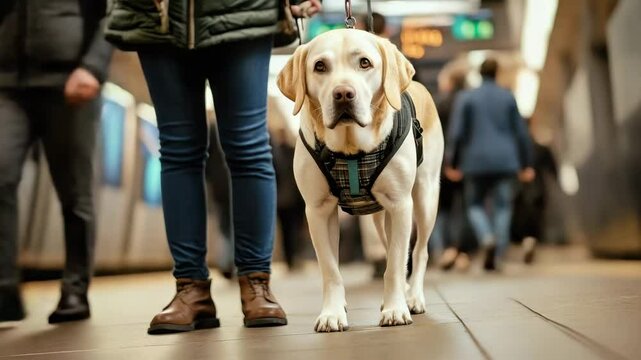 Labrador dog wearing harness standing on subway platform with pedestrian walking near train in busy urban public transport scene
