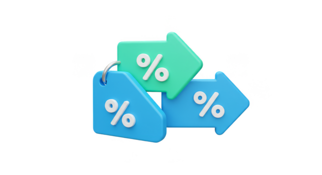 3D Render Percentage Discount with Blue and Green Tags Arrows - Powered by Adobe