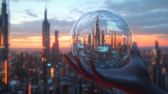 Modern City Globe Held at Sunset