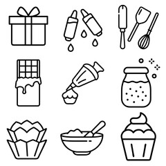 Baking and Dessert Line Icons – Gift Box, Food Coloring, Utensils, Chocolate Bar, Piping Bag, Sprinkles Jar, Cupcake Liners, Mixing Bowl, Frosted Cupcake – for Recipes, Blogs, Packaging, Apps, Bakery 