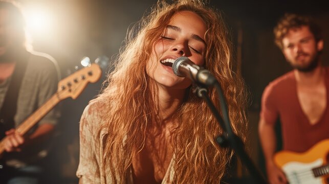 An energetic scene captures a young female singer passionately performing on stage, surrounded by musicians, bringing life to a vibrant atmosphere of a live music event.