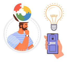 Man pondering with puzzle piece thought bubble, illuminated lightbulb symbolizing ideas. Hand with smartphone unlocking door. Ideal for creativity, innovation, problem-solving, technology