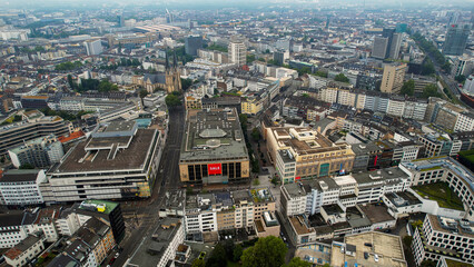 Aerial panorama view above the old town of the city Düsseldorf in Germany on a cloudy noon in spring