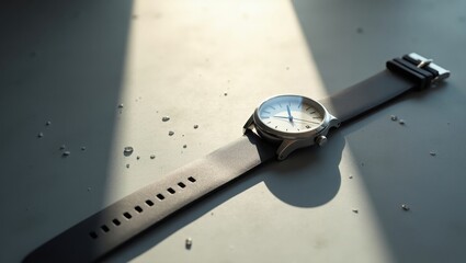 Minimalist black leather watch with silver and white dial, illuminated by sharp light beams, creating dramatic shadows