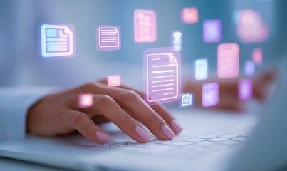 Close up of hands typing on a laptop with floating document icons overlaying it