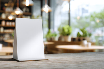 Stand Mock up Menu frame tent card blurred background design key visual layout in cafe