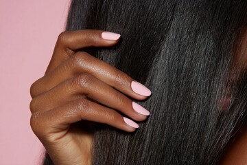 Fototapeta premium A close-up shot of the hand of a woman who worked on pink nail art touching her hair with her hands. Generative AI 