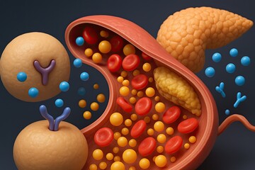 3D render of a Blood Vessel in Type 2 Diabetes: Lipids, Pancreas, and Insulin Molecules