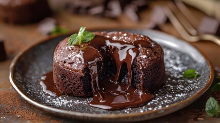 9. Focus shot of chocolate lava cakes with melted centers oozing on a plate