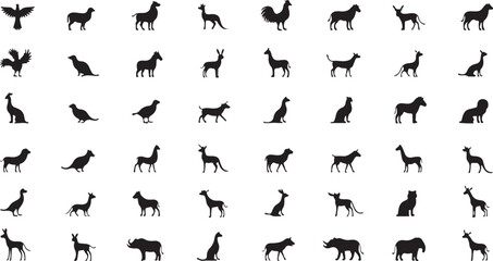 A vector set of diverse black silhouettes including people, animals, and sport icons for seamless design illustration
