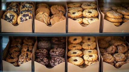 12. Shelf display of artisan cookies in paper boxes with transparent windows