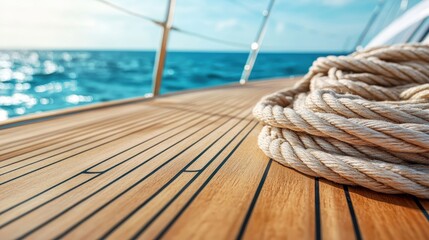 Obraz premium A beautifully composed close-up shot of a yacht's wooden deck, featuring intricately arranged ropes and glistening water beneath a bright sky, evoking a sense of relaxation.