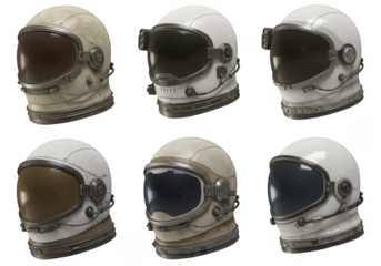 3D Rendering of Six White Astronaut Helmets for Space Exploration