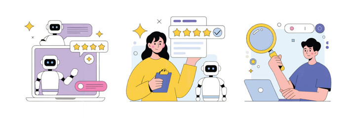 Flat cartoon vector illustration of people interacting with robots and feedback systems isolated on transparent background