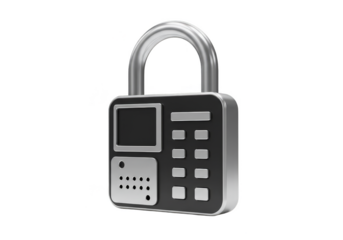 3D Rendering of Metal Padlock with Digital Code on Transparent Background