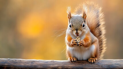 Fototapeta premium A close-up of a squirrel perched on a branch, holding a nut as the warm golden light of the background creates a charming, serene atmosphere in the natural setting.