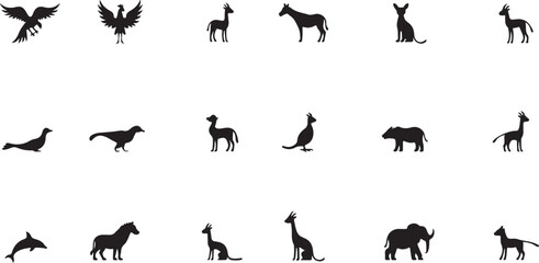 A vector illustration set featuring black animal silhouettes like cats, dogs, birds, and horses, ideal for icons or designs
