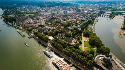 Aerial panorama view above the old town of the city Koblenz in Germany on a sunny noon in spring