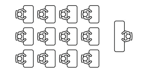 Training, workshop icon. Classroom or schoolroom, table and chairs. School meeting rooms. Brainstorming and teamwork. Exam or test class. Group of kids students studying discussing, homework concept.