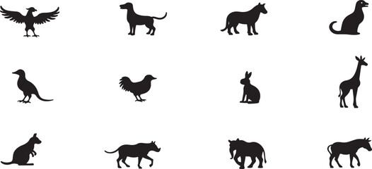 A collection of black farm animal silhouettes, including horse, cow, pig, and chicken, depicted as vector illustrations