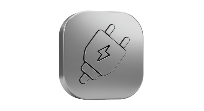 3D Silver Electrical Plug Icon Power Symbol on Transparent Background