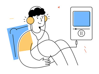A person sits comfortably with headphones, enjoying relaxing audiobook listening through digital device, symbolizing modern leisure and entertainment technology