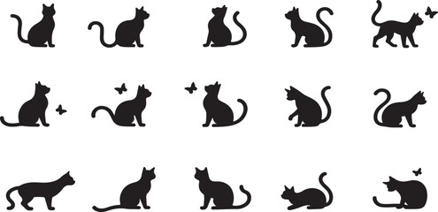 A black vector illustration set of cartoon cat and animal silhouettes, perfect for Halloween pet designs