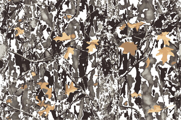 A camouflage pattern with leaves and branches, designed to mimic the forest environment for hunting.Hunting camouflage background. Vector camouflage texture