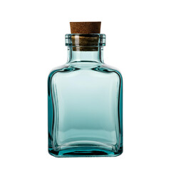 A transparent teal glass bottle with a cork stopper, featuring rounded edges and a minimalist design.
