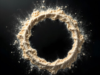 White powder arranged in a perfect circle on black background, suitable for food, culinary, or abstract design themes. Generative AI