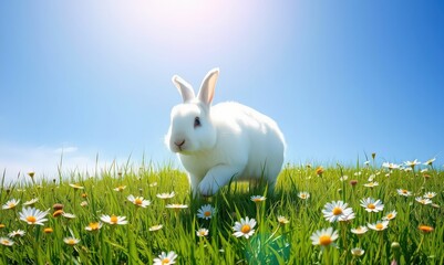 White rabbit in a meadow of daisies under a bright blue sky springtime nature scene with a playful easter bunny